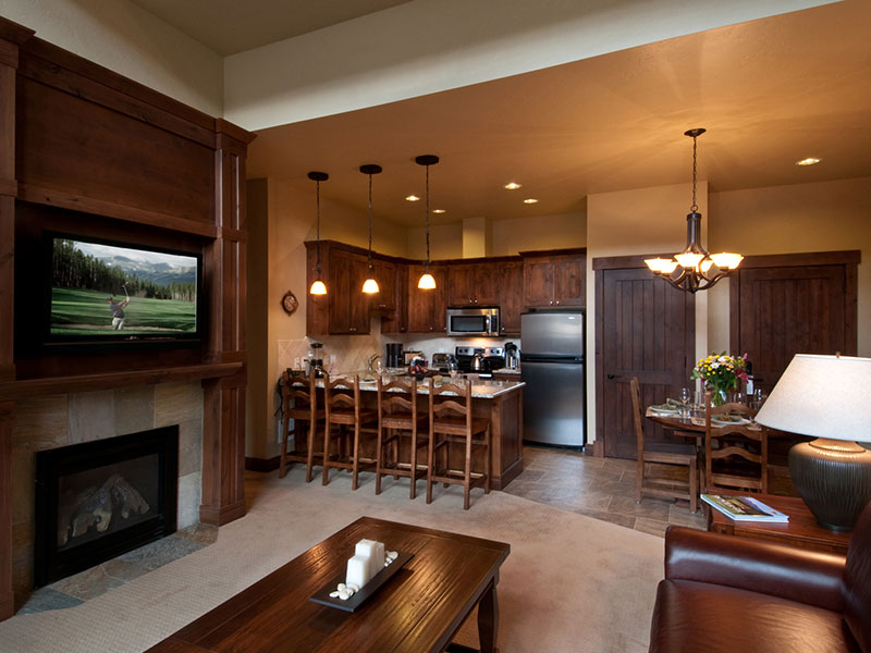 Living room, kitchen, and dining room