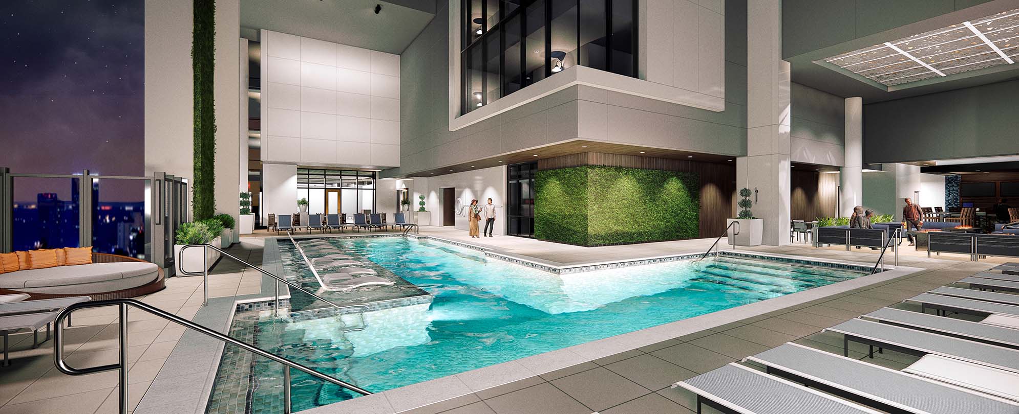 A modern pool area with a city view at Club Wyndham Atlanta.